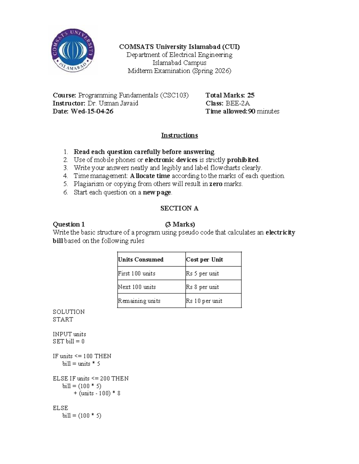Midterm Exam Solutions for CSC103 - Programming Fundamentals (Spring ...