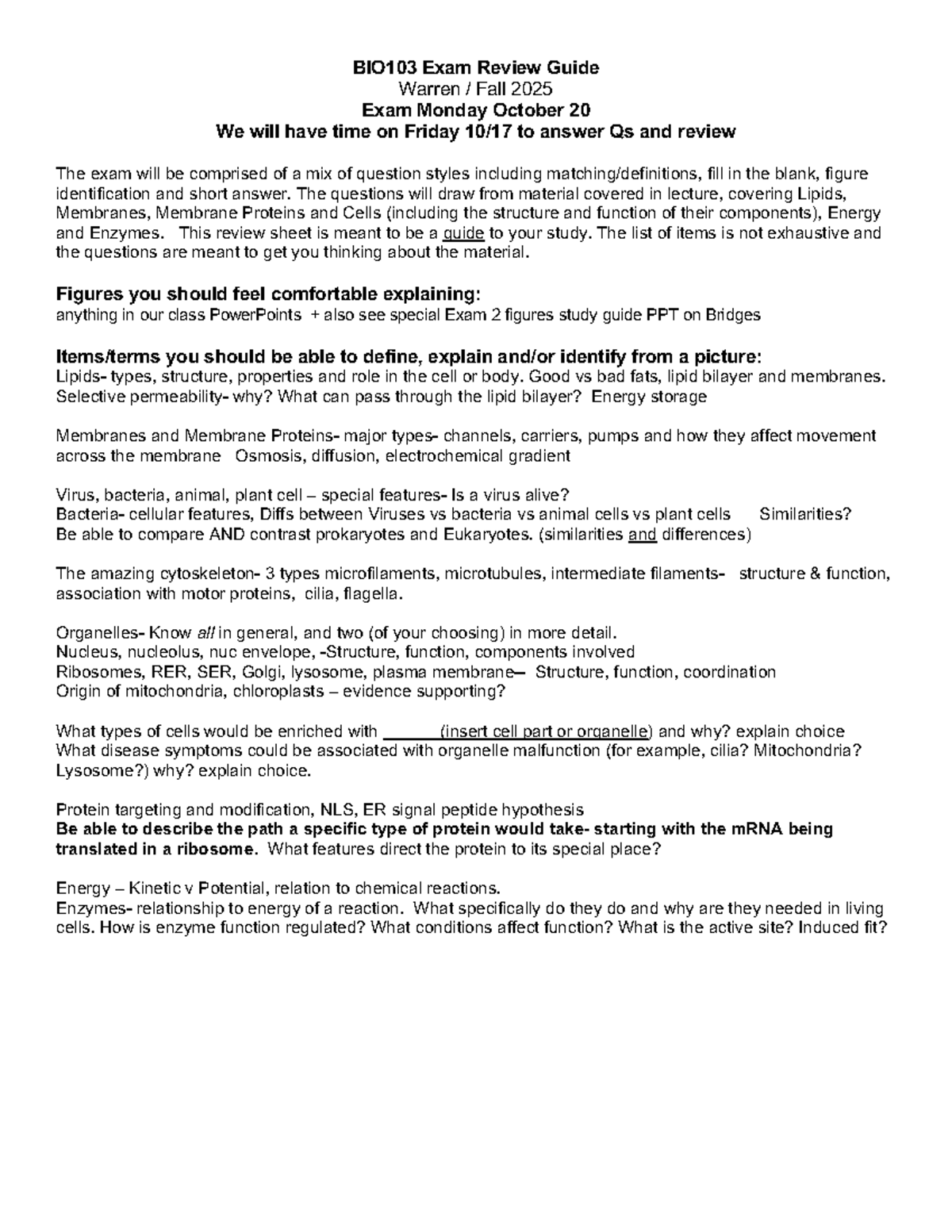 BIO103 Exam 2 Review Guide - Key Concepts for Fall 2025 - Studocu