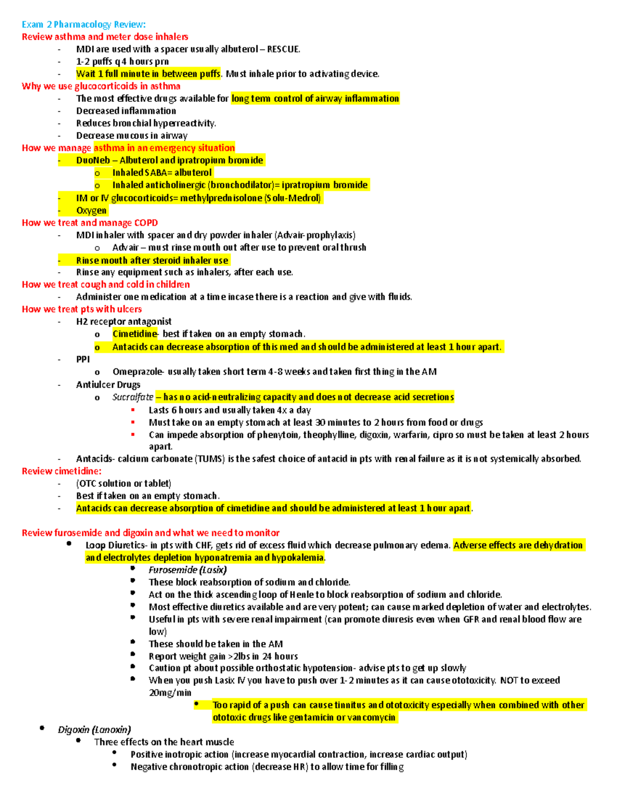 Pharm 210 Exam 2 Study Guide: Key Points on Medications & Treatments ...