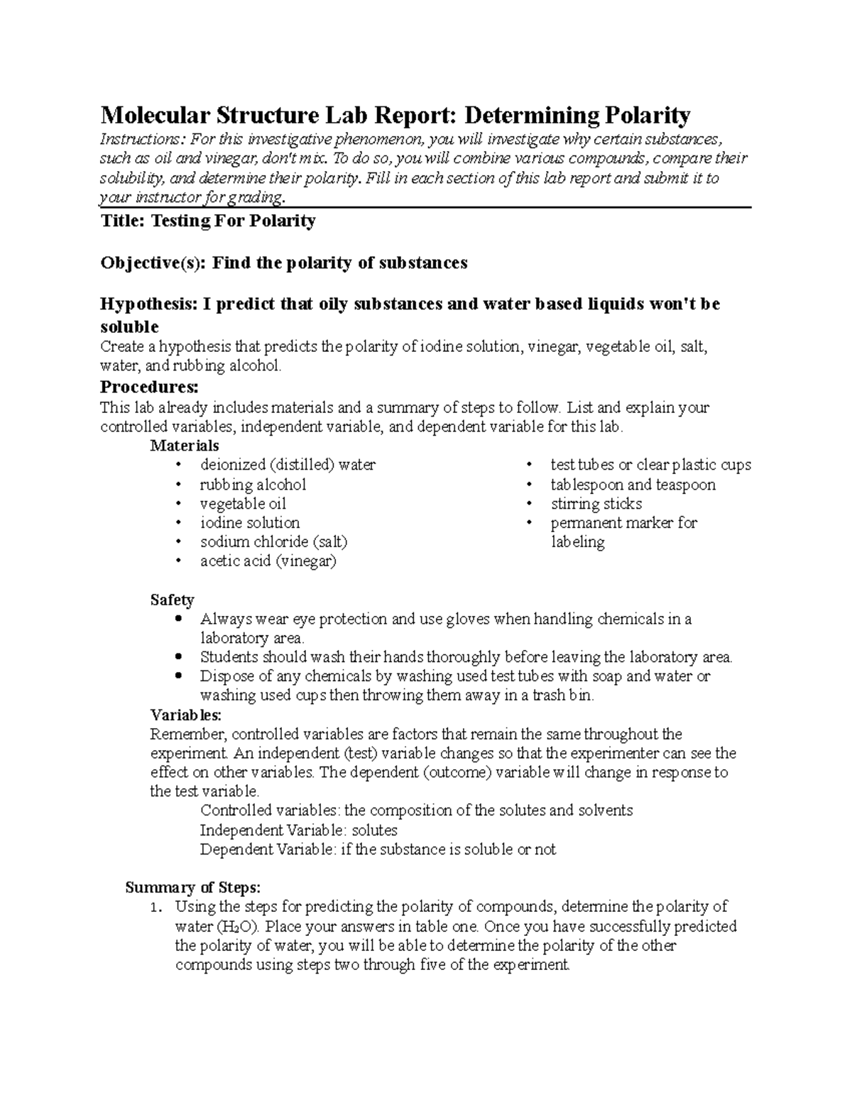 Molecular Structure Lab Report: Investigating Polarity (Lab-1) - Studocu