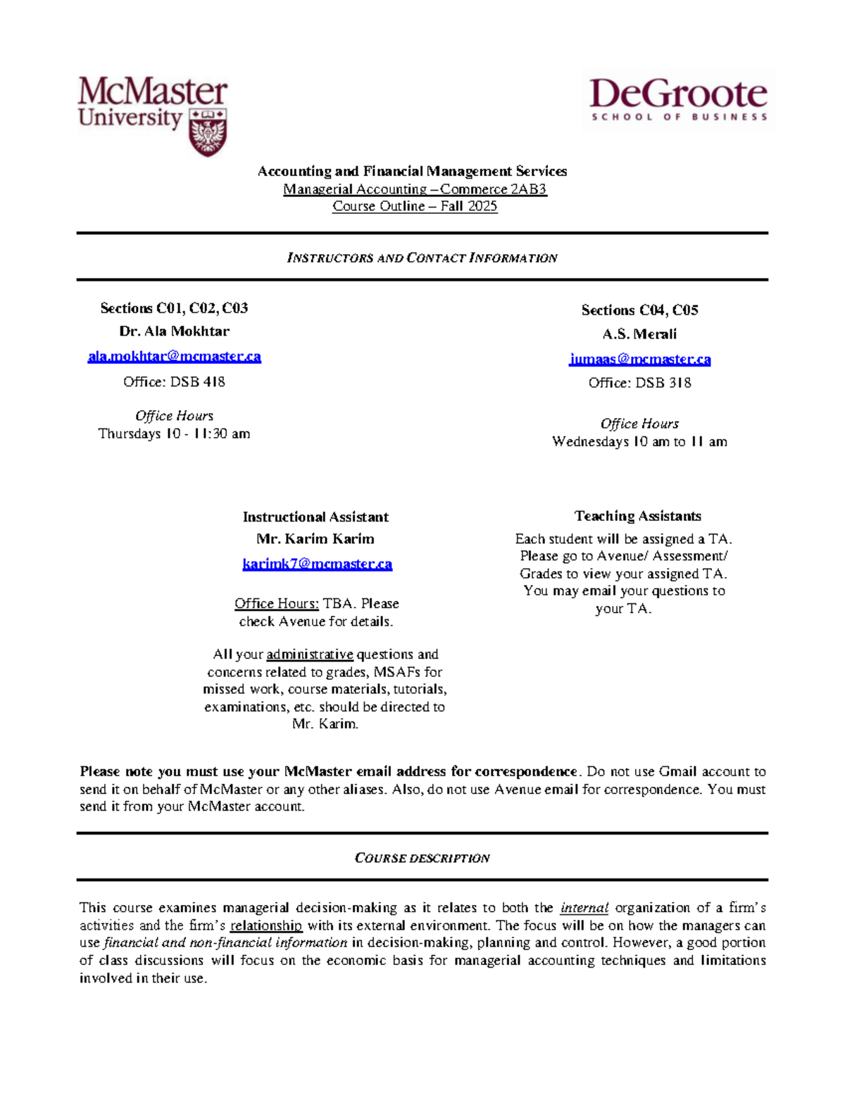 Commerce 2AB3 Managerial Accounting Course Outline - Fall 2025 - Studocu