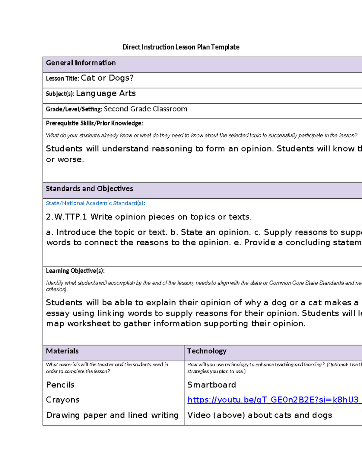 C365 task 1 - Lesson plan - Direct Instruction Lesson Plan Template ...