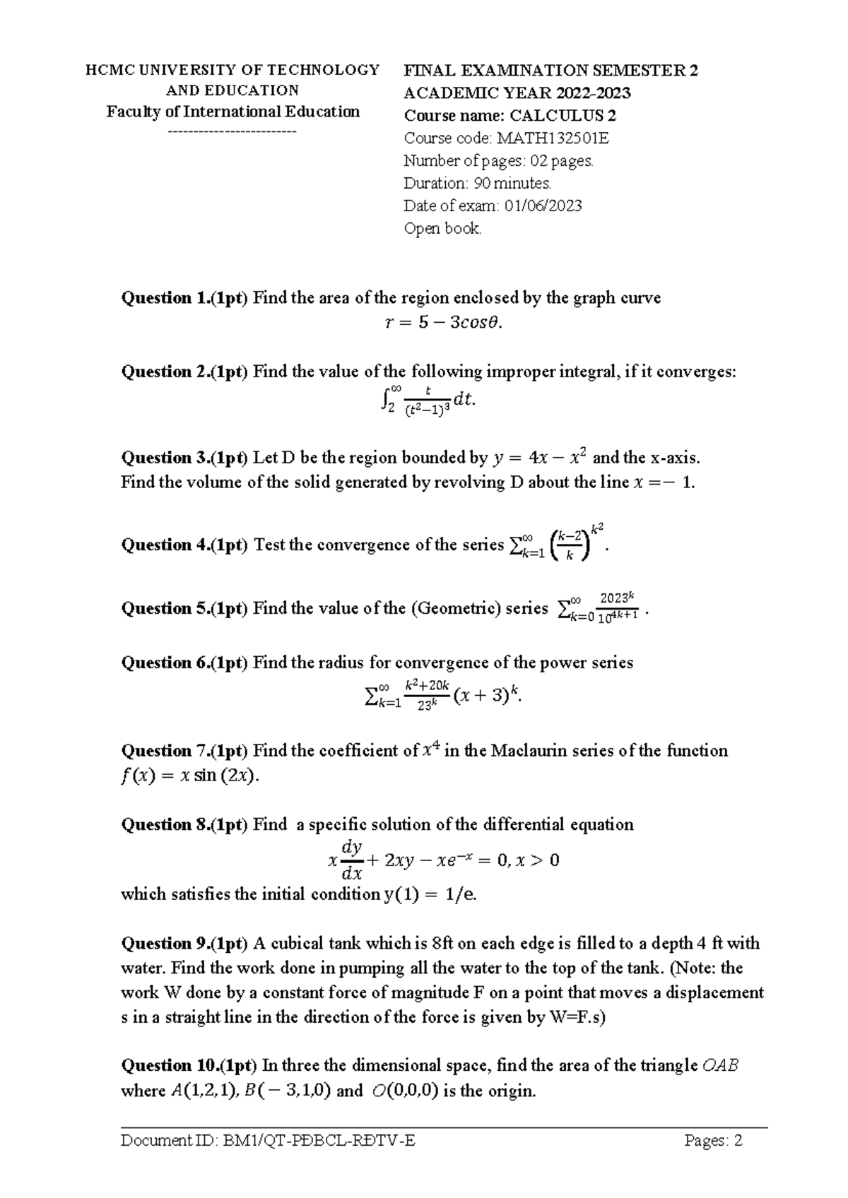 MATH132501E Final Exam: Calculus 2 Questions & Solutions - Studocu