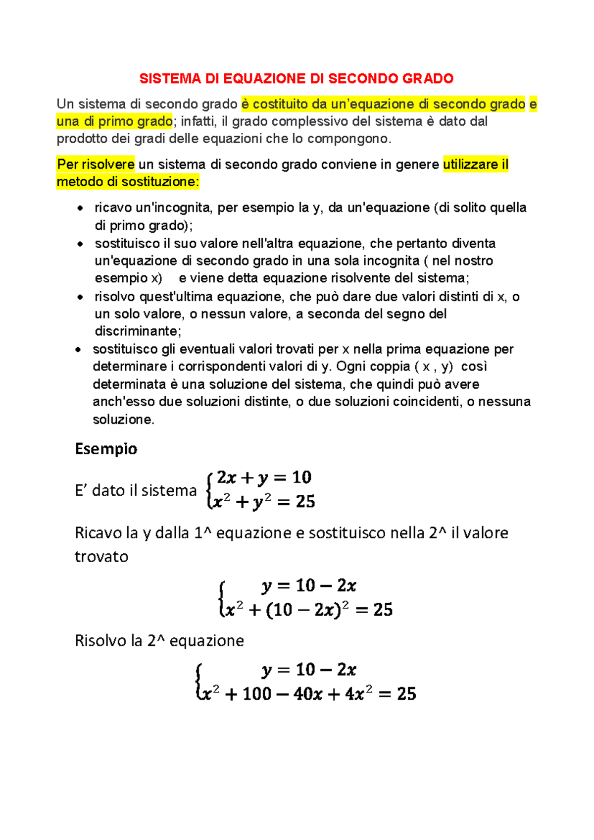 Teoria CON Esempio Sistema DI Equazione DI Secondo Grado - SISTEMA DI ...