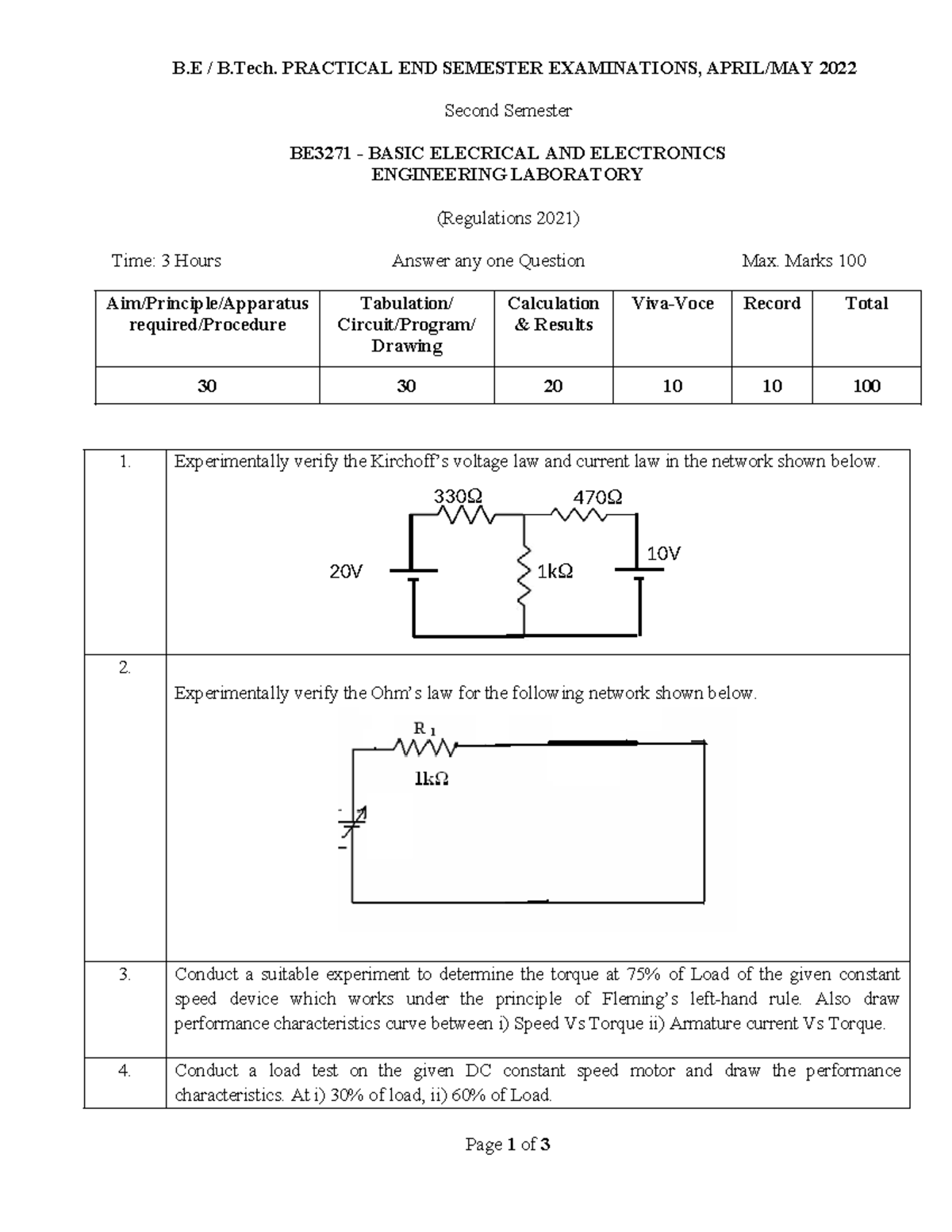 B.E B.Tech. BE3271 Basic Electrical & Electronics Lab Final Exam 2022 ...