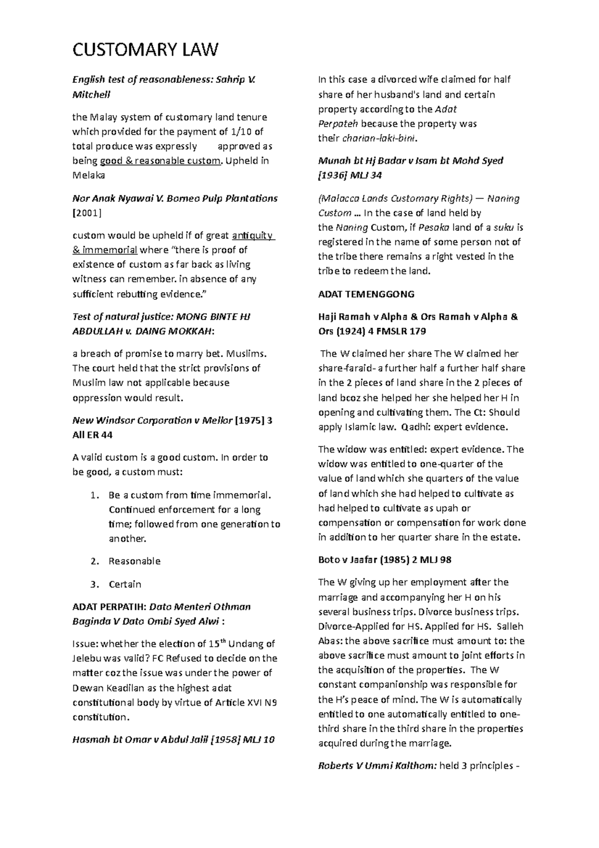 Compilation of Key Cases in Customary Law: A Study Guide - Studocu