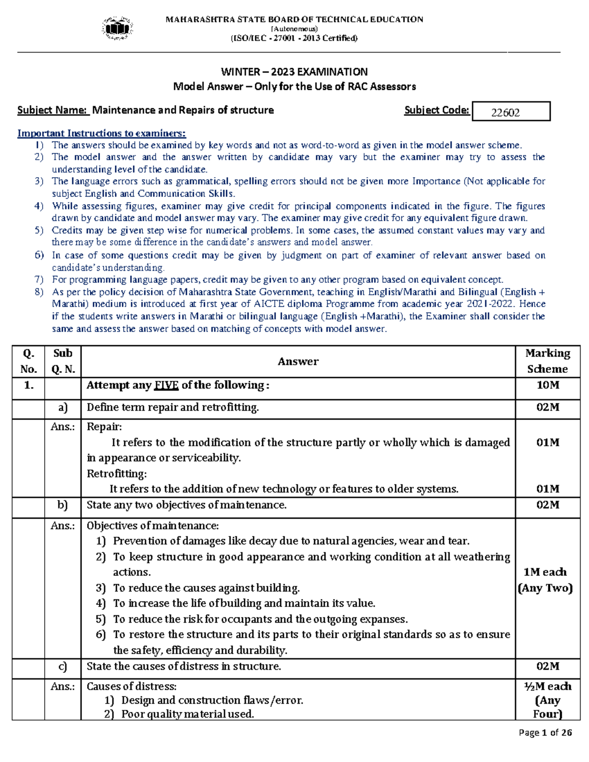 Model Answer for Maintenance and Repairs of Structures (22602) - Winter ...