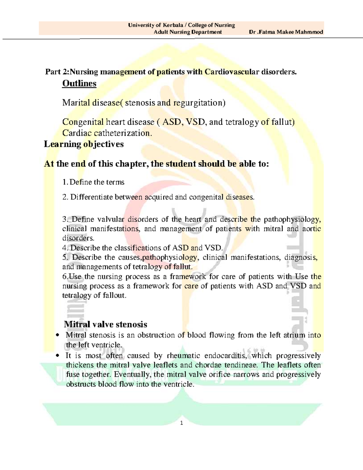 Nursing Management of Cardiovascular Disorders: A Study Guide (NUR 101 ...
