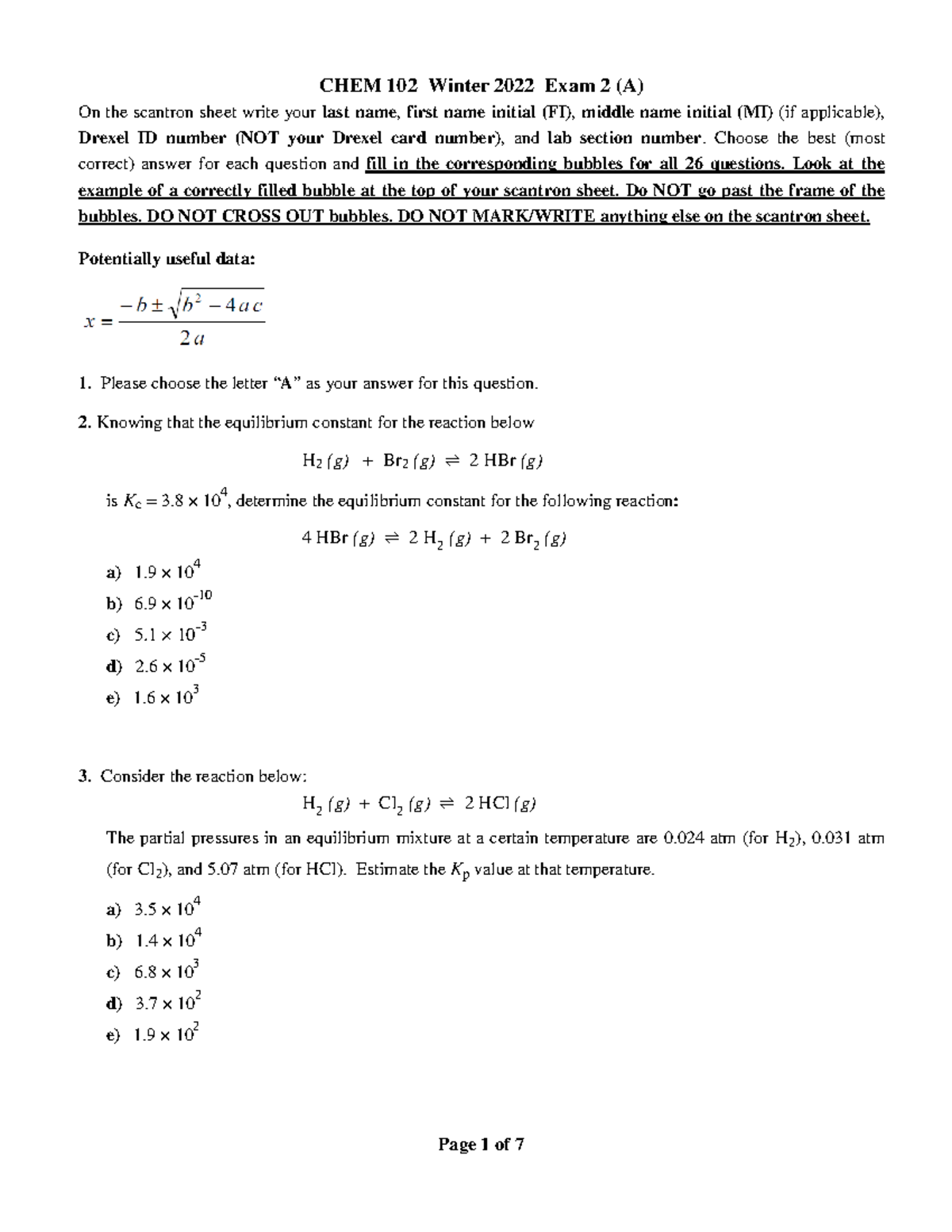 Chem 102 Winter 2022 Exam 2 with Answer Key - Studocu