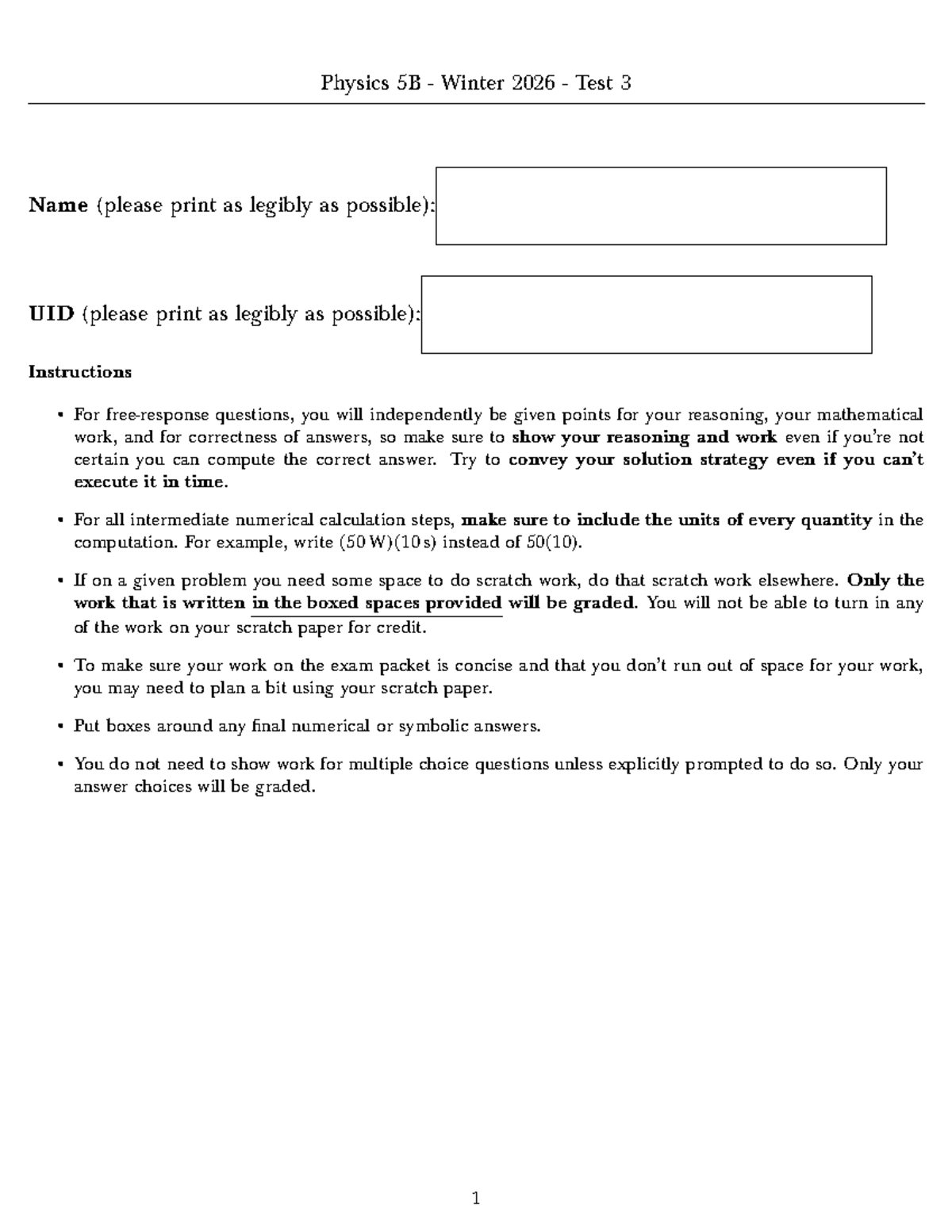 Physics 5B Winter 2026 Test 3 Study Guide and Instructions - Studocu