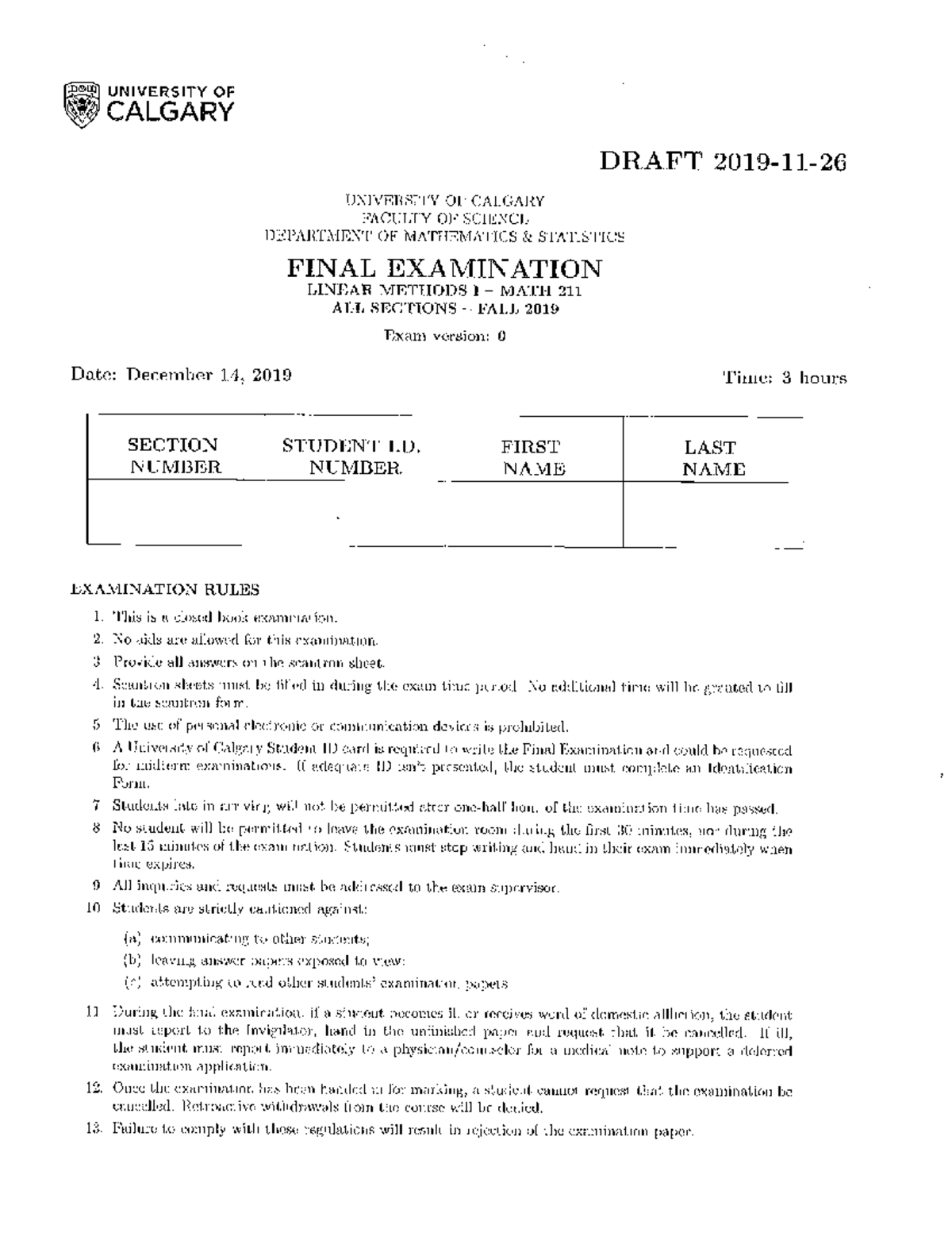 MATH 211 Final Exam Solutions - Linear Methods I, Fall 2019 - Studocu