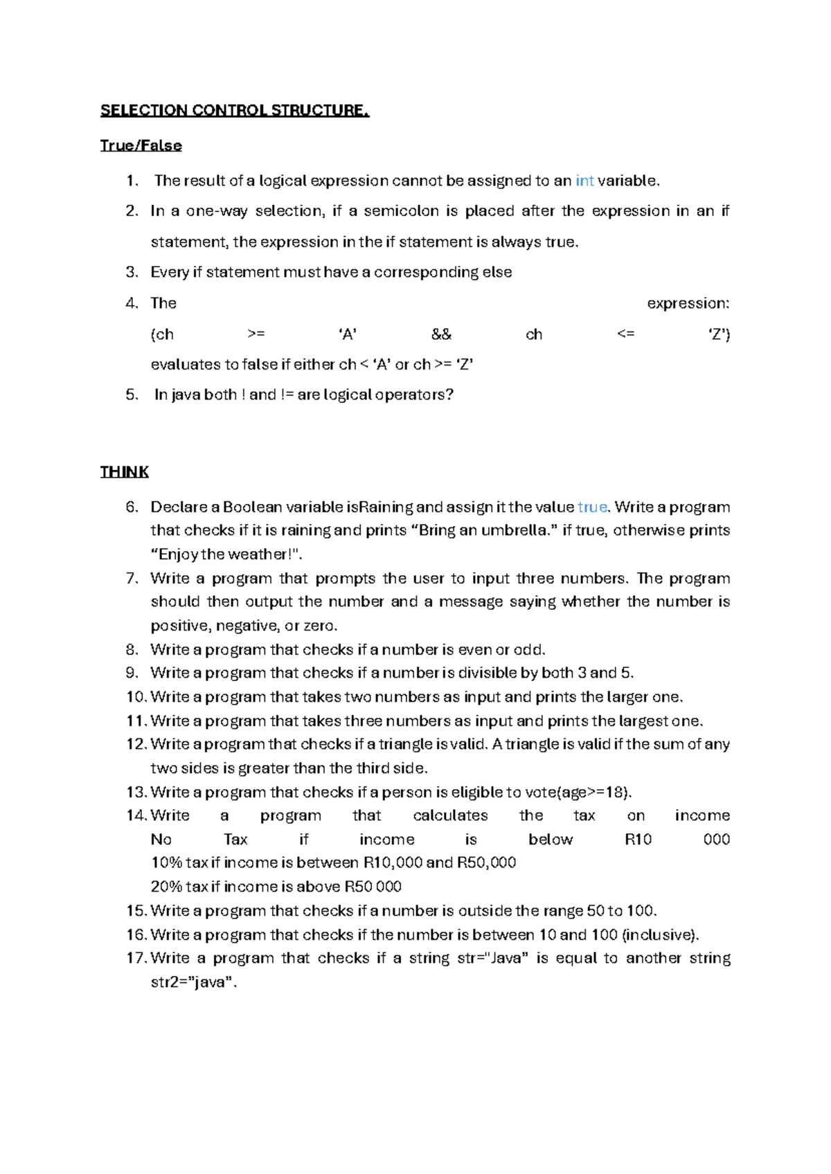Selection - Practice Materila - SELECTION CONTROL STRUCTURE. True/False ...