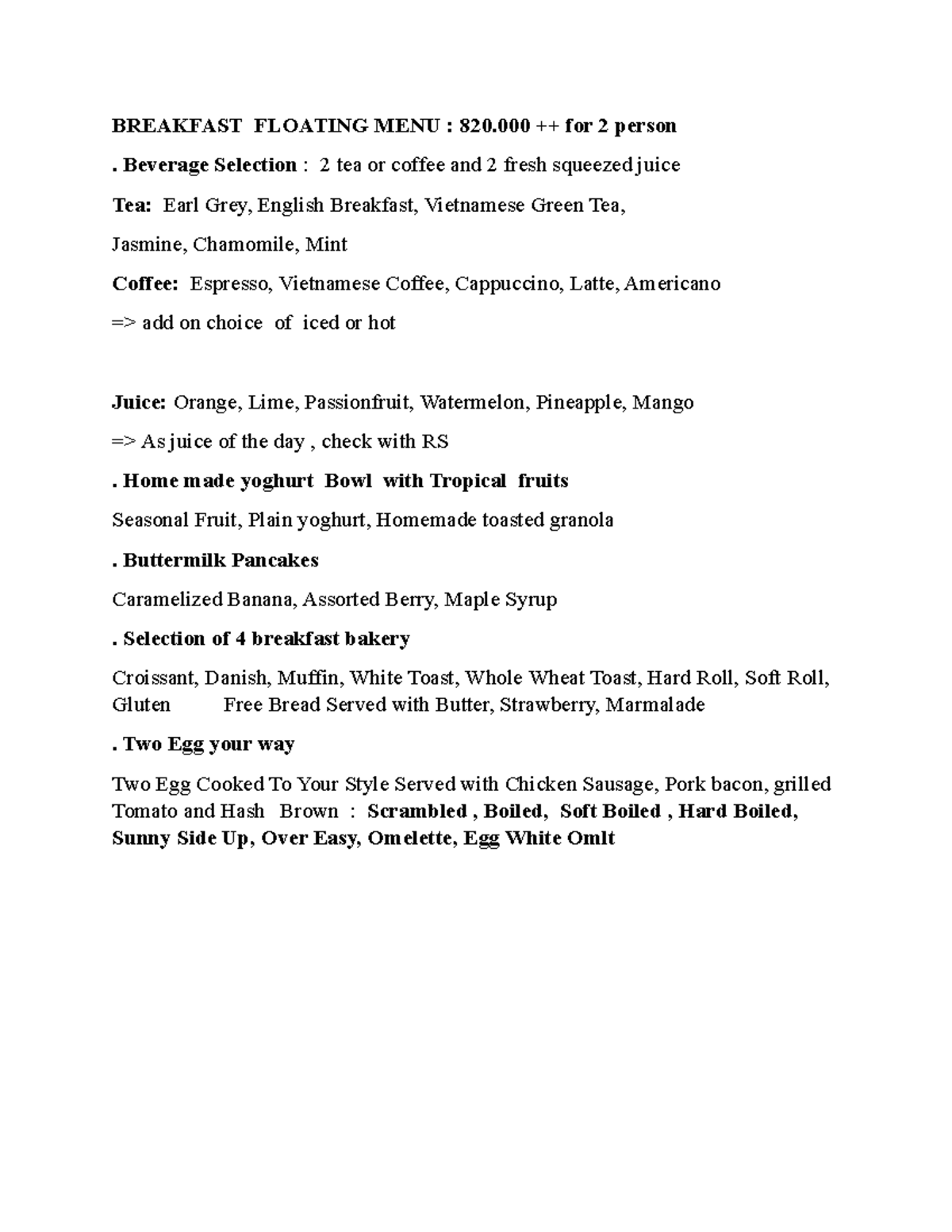 Breakfast Floating Menu for 2: Beverage & Food Selections - Studocu