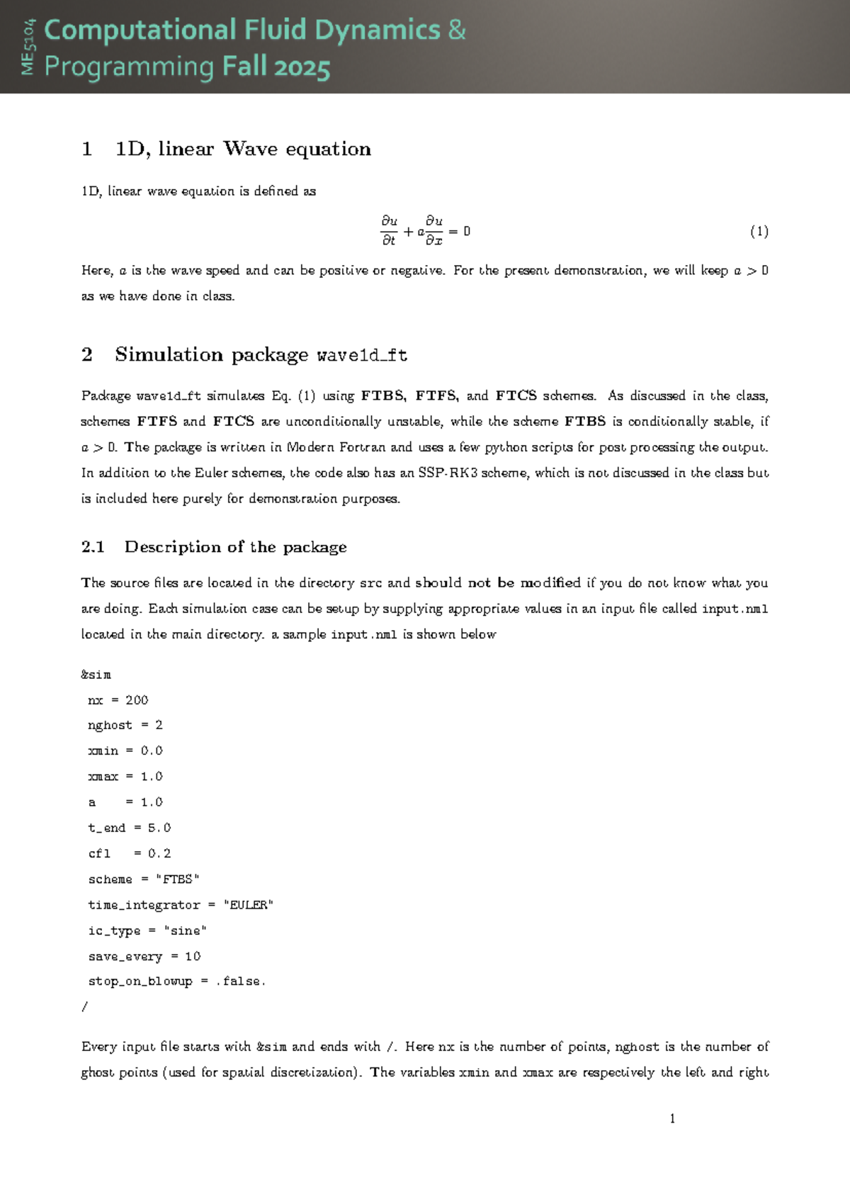 ME5104 Final Exam: 1D Linear Wave Equation Simulation Guide - Studocu