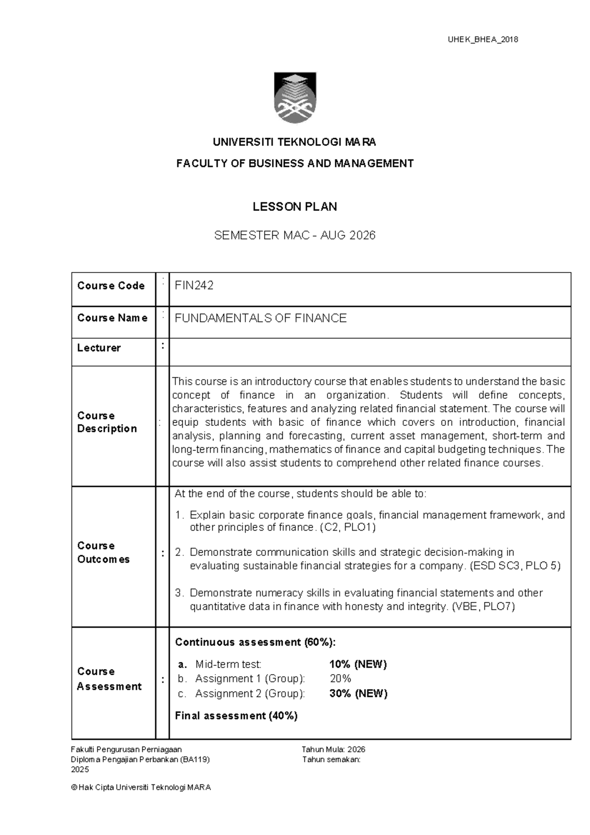 FIN242 Lesson Plan: Fundamentals of Finance (Mac-Aug 2026) - Studocu