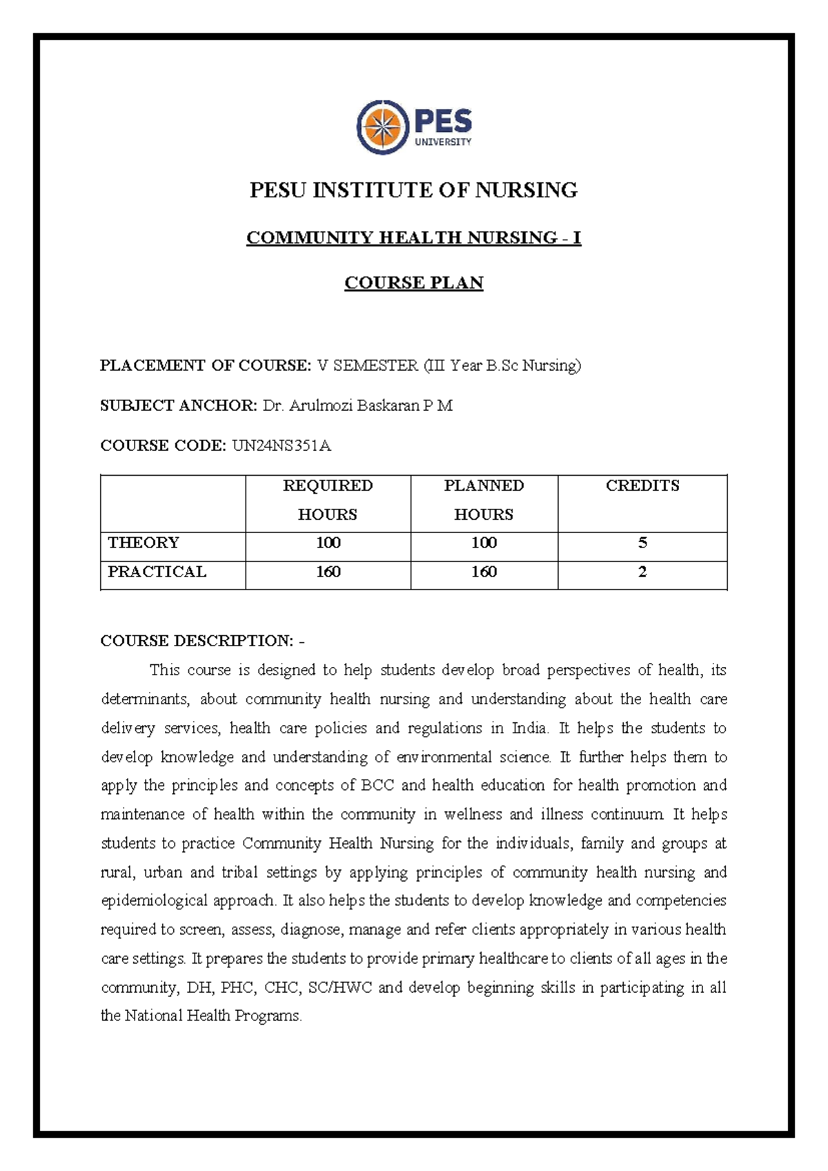 Community Health Nursing - I Course Plan (UN24NS351A) - Studocu
