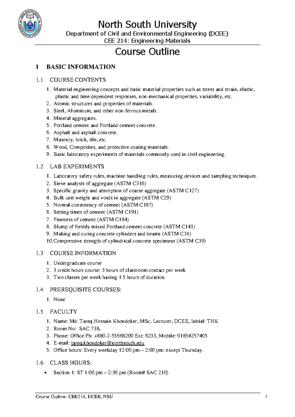 CEE 214: Engineering Materials Course Outline and Assessment Guide ...