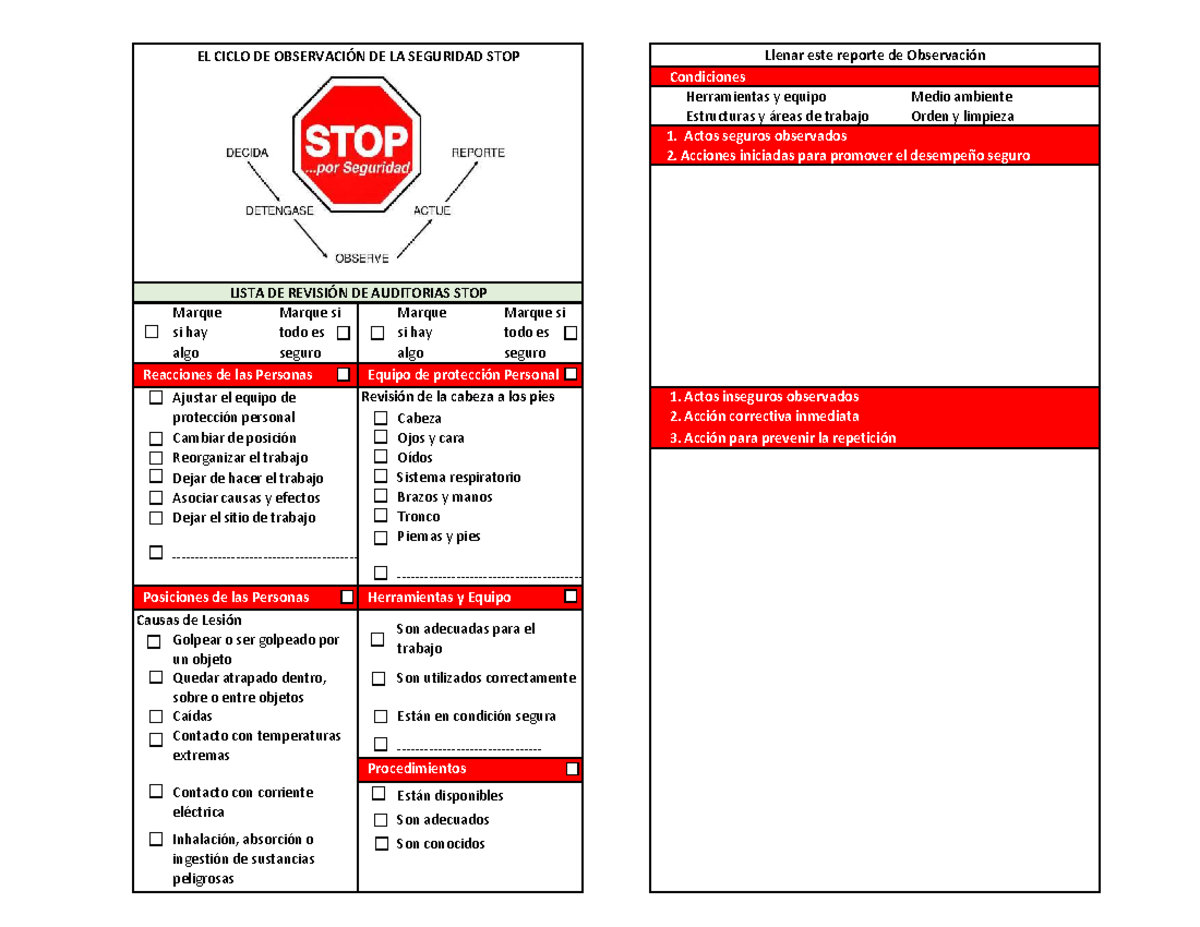 Cartilla de Auditoría STOP: Observación de Seguridad y Condiciones Laborales - Document Preview