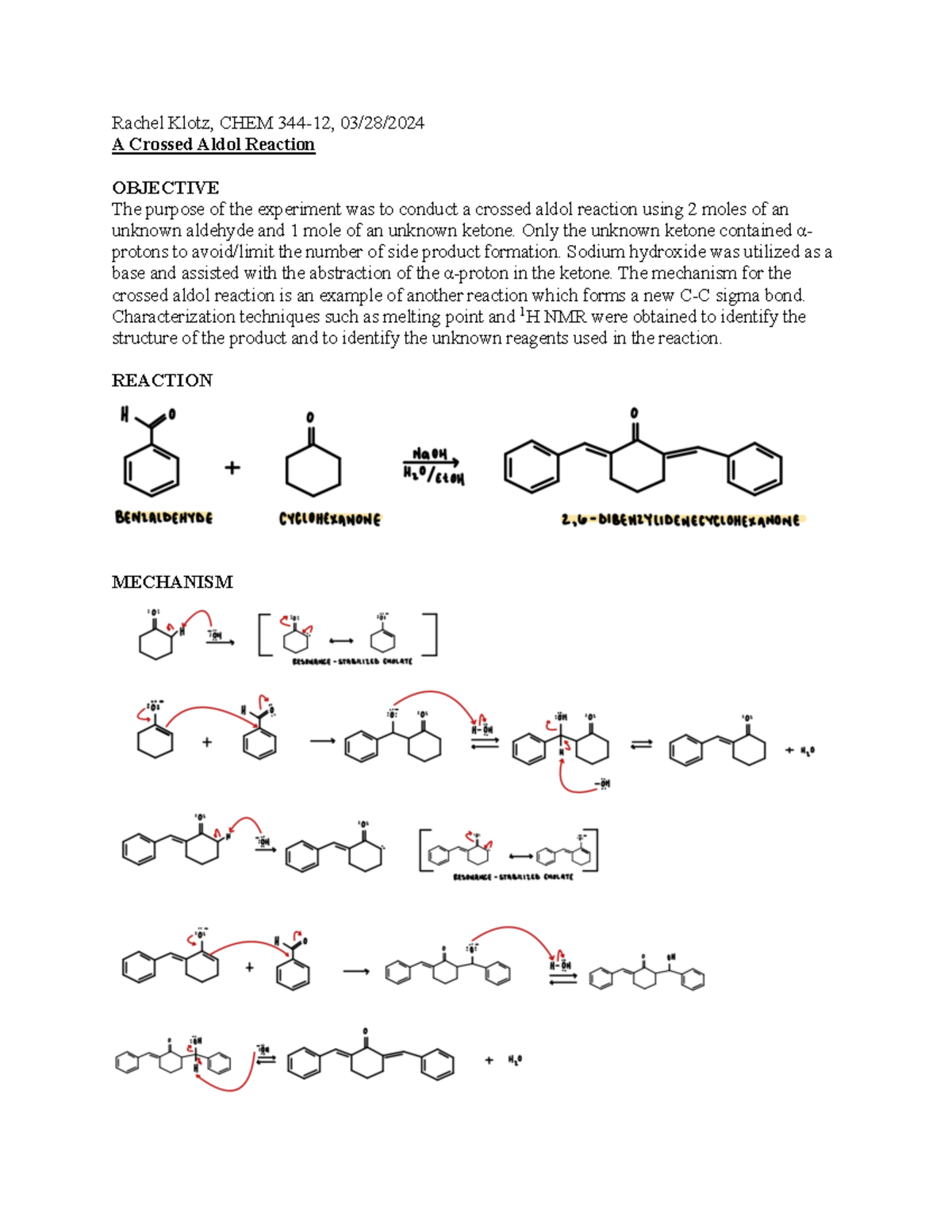 CHEM 344-12 Experiment 10 Lab Report: Crossed Aldol Reaction