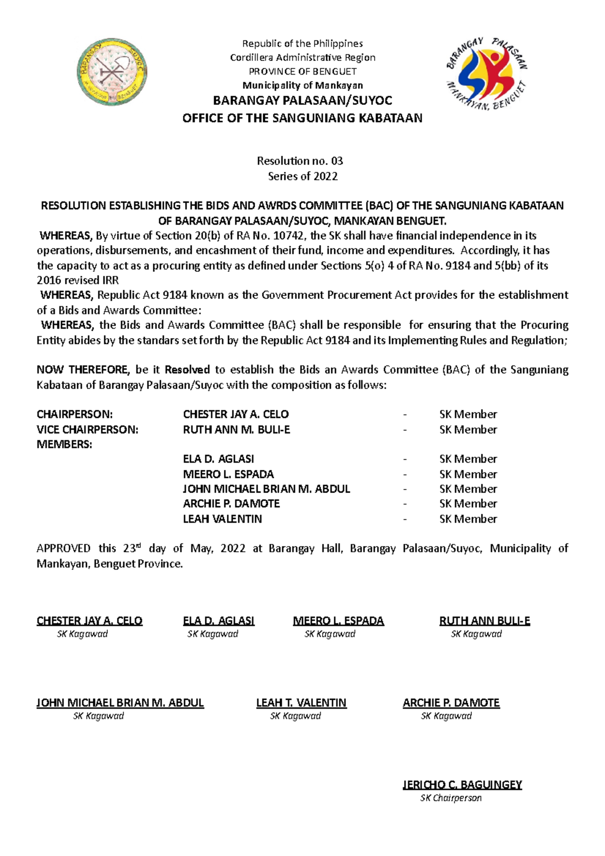 Resolution No. 03: Establishing BAC for SK of Barangay Palasaan/Suyoc ...