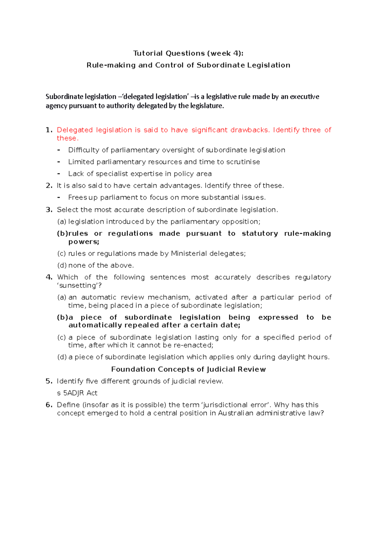 Subordinate Legislation Tutorial Questions (Week 4) Overview - Studocu