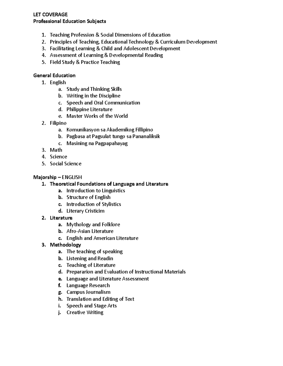 LET Coverage of Professional and General Education Subjects - Studocu