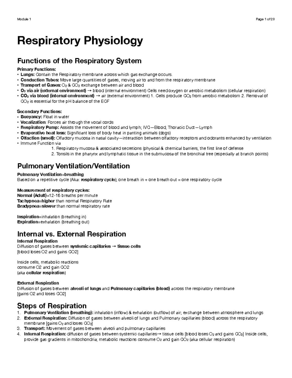 Respiratory Physiology Lecture Notes (Module 1) - Functions ...