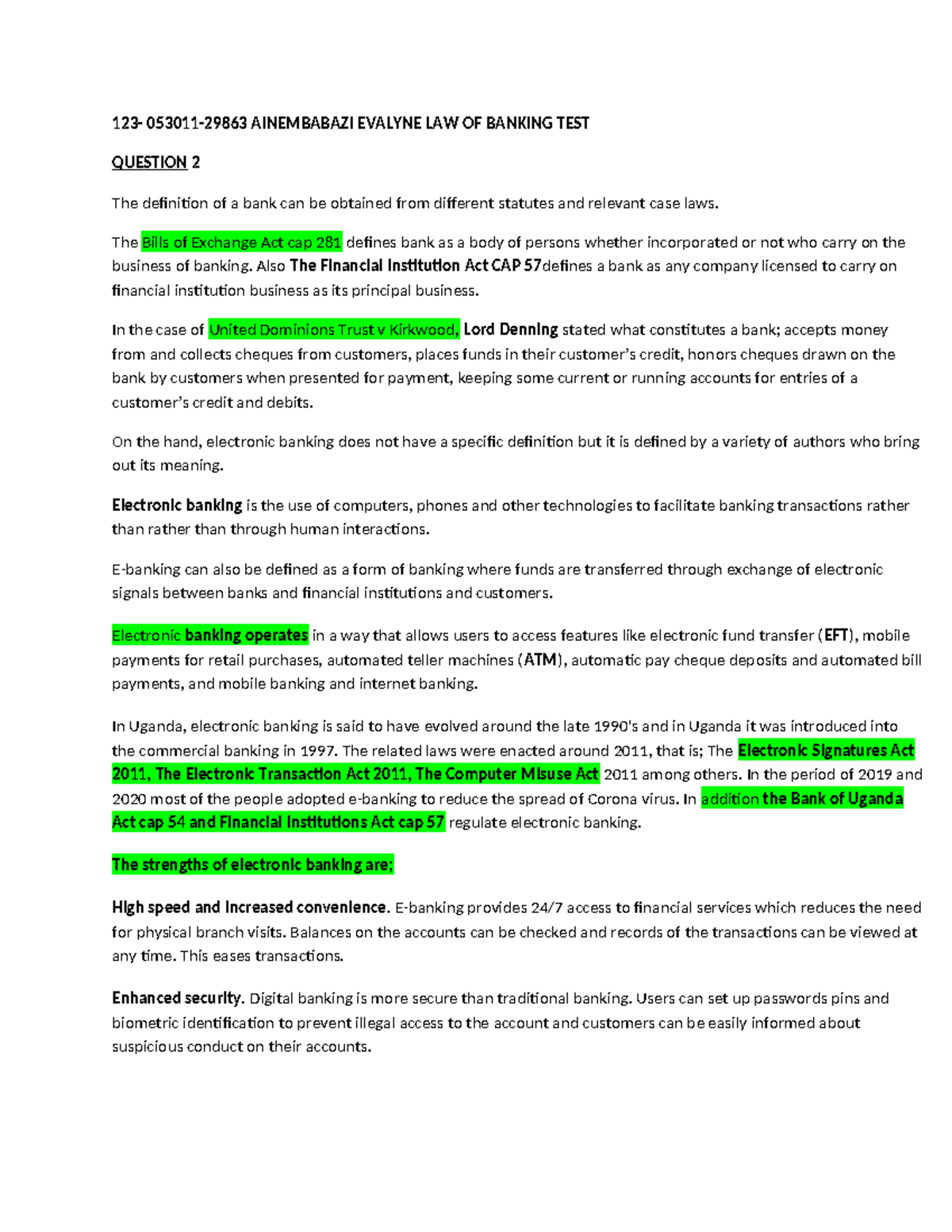 LOB TEST - Banking Law Overview and Electronic Banking Insights - Studocu
