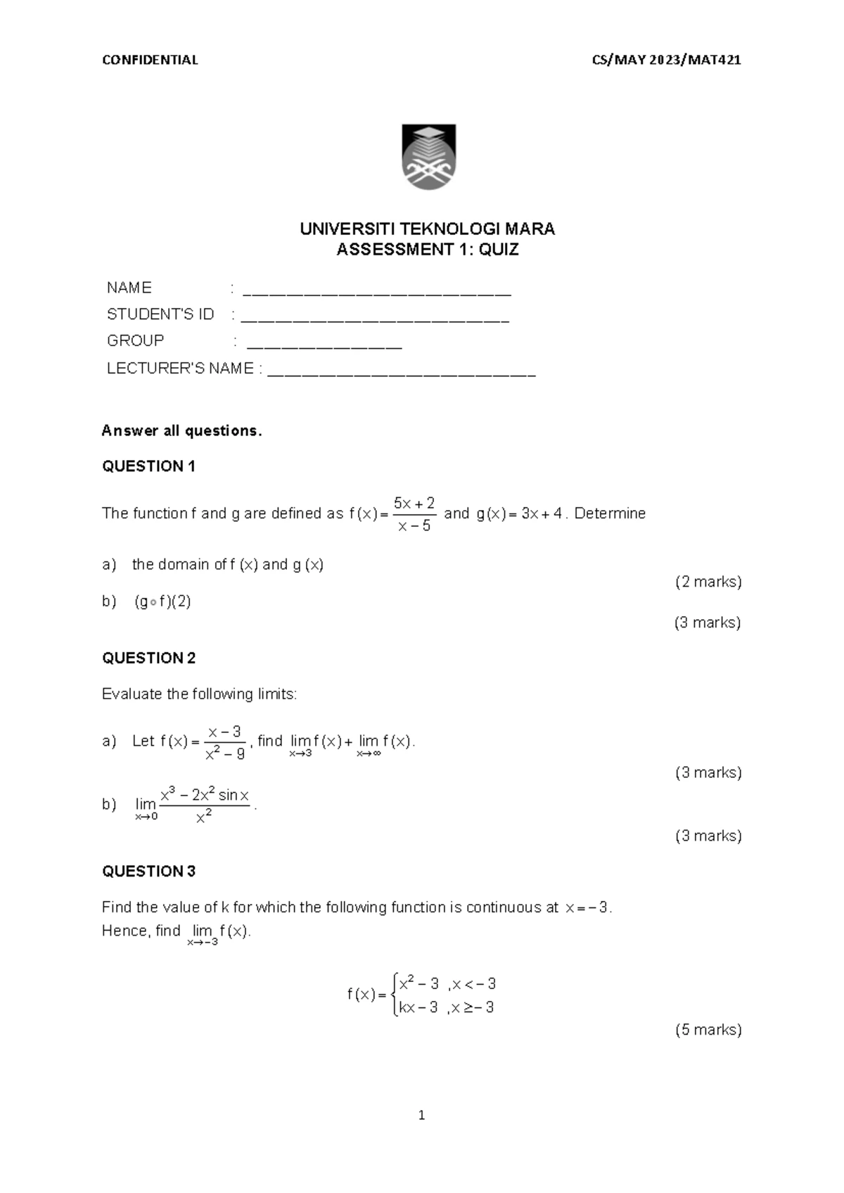 UTM Assessment 1: Quiz on Functions and Limits - Studocu