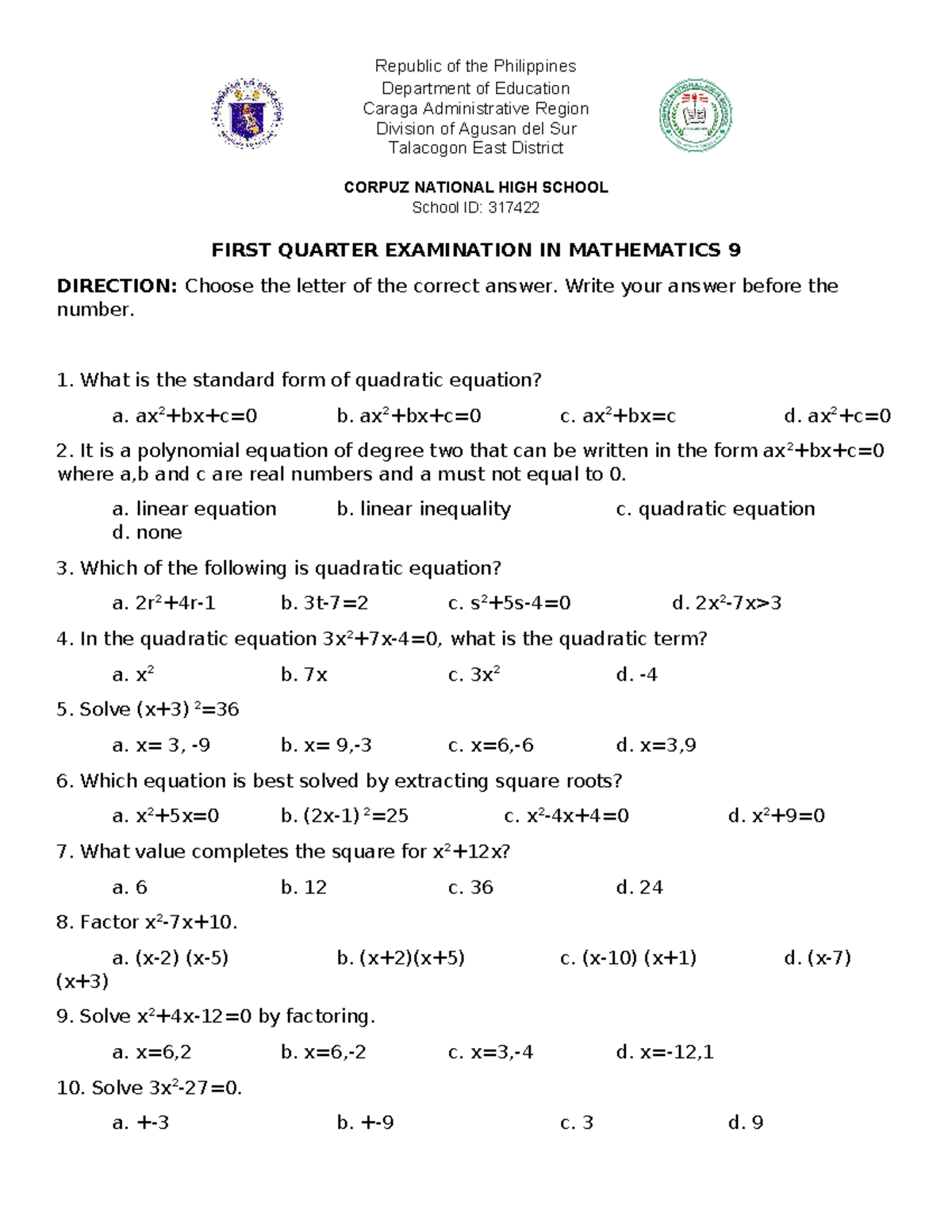 MATH 9 - First Quarter Exam Review and Practice Questions - Studocu