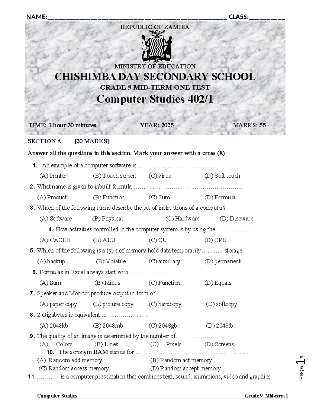 Computer Midterm 2025 g9 - Page 1 X SECTION A [20 MARKS] Answer all the ...