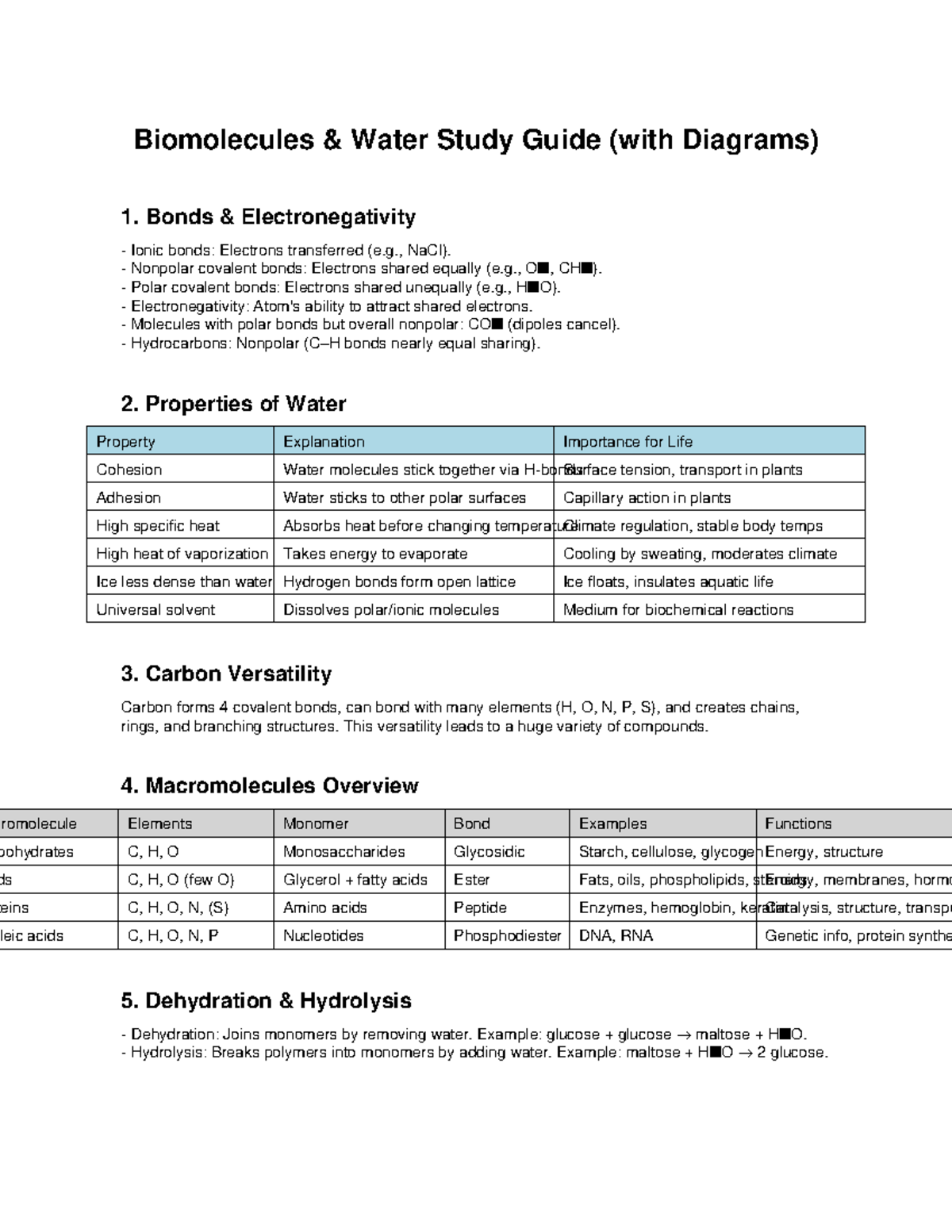 Biomolecules Study Guide (BIO101) with Diagrams and Key Concepts - Studocu