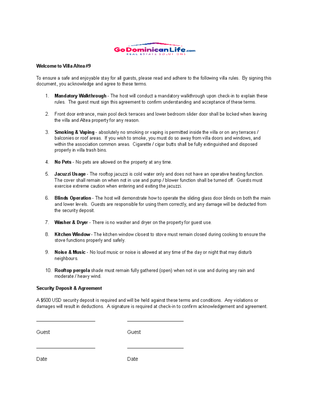Altea #9 Villa Rules: Guest Agreement & Safety Guidelines - Studocu