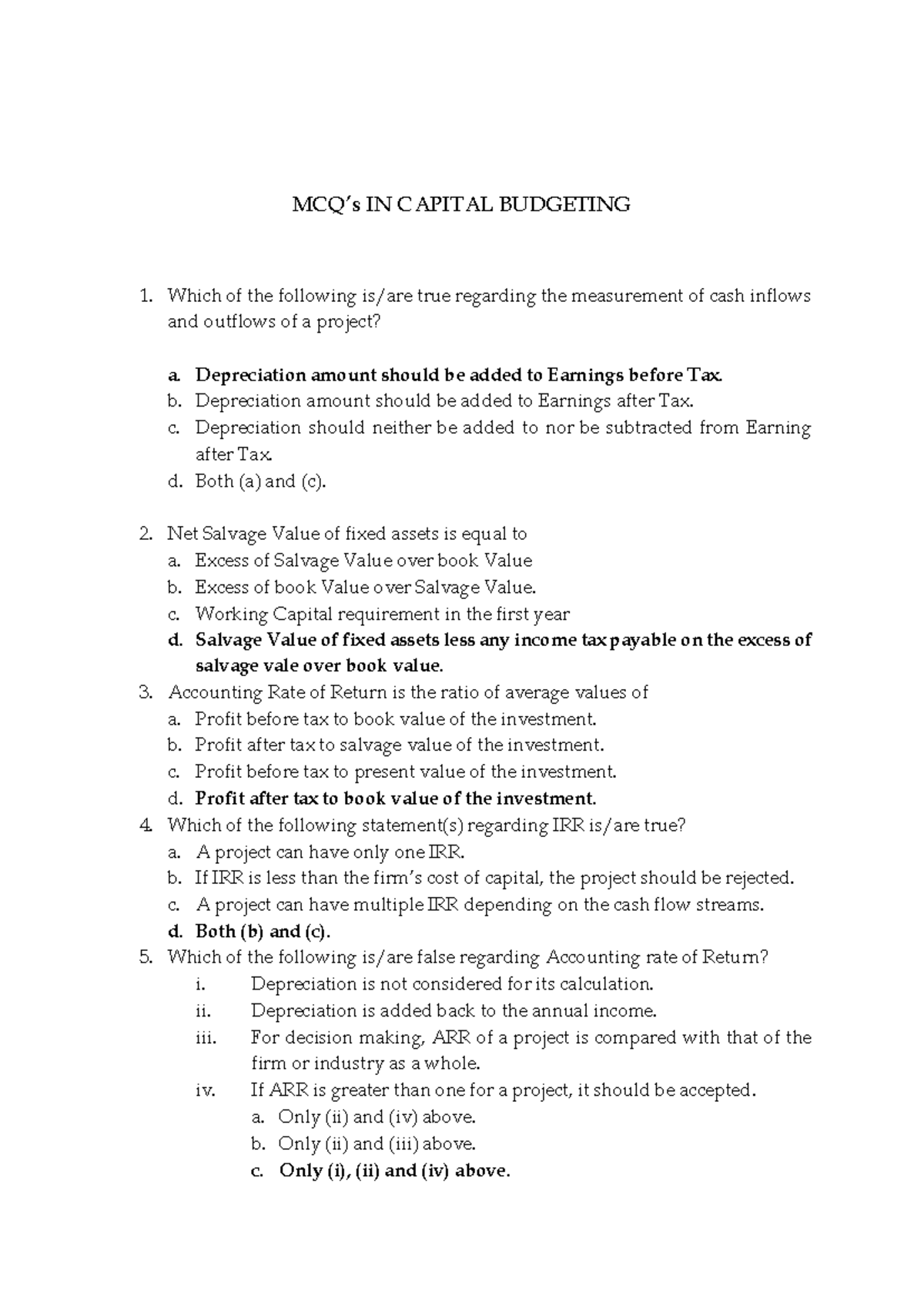 MCQ Capital Budgeting - Comprehensive Guide to Project Analysis - Studocu