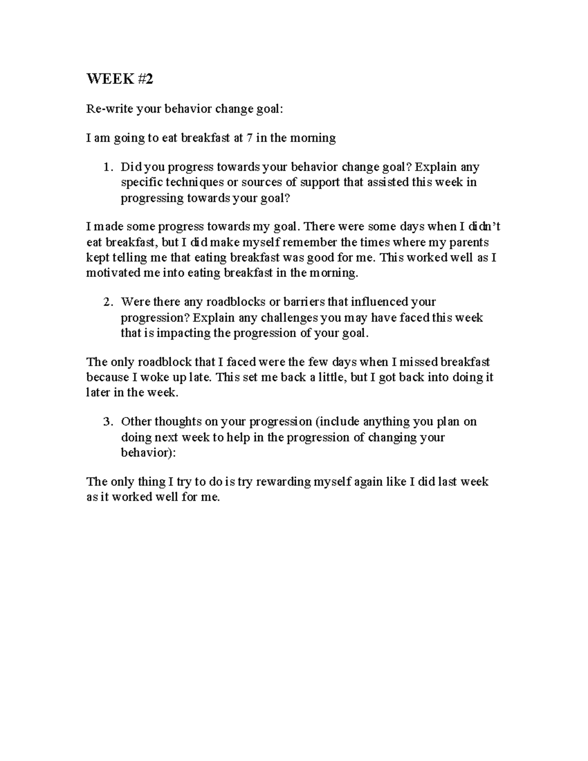 Behavior Change Journal Week 2 for PE 144 - WEEK Re-write your behavior ...