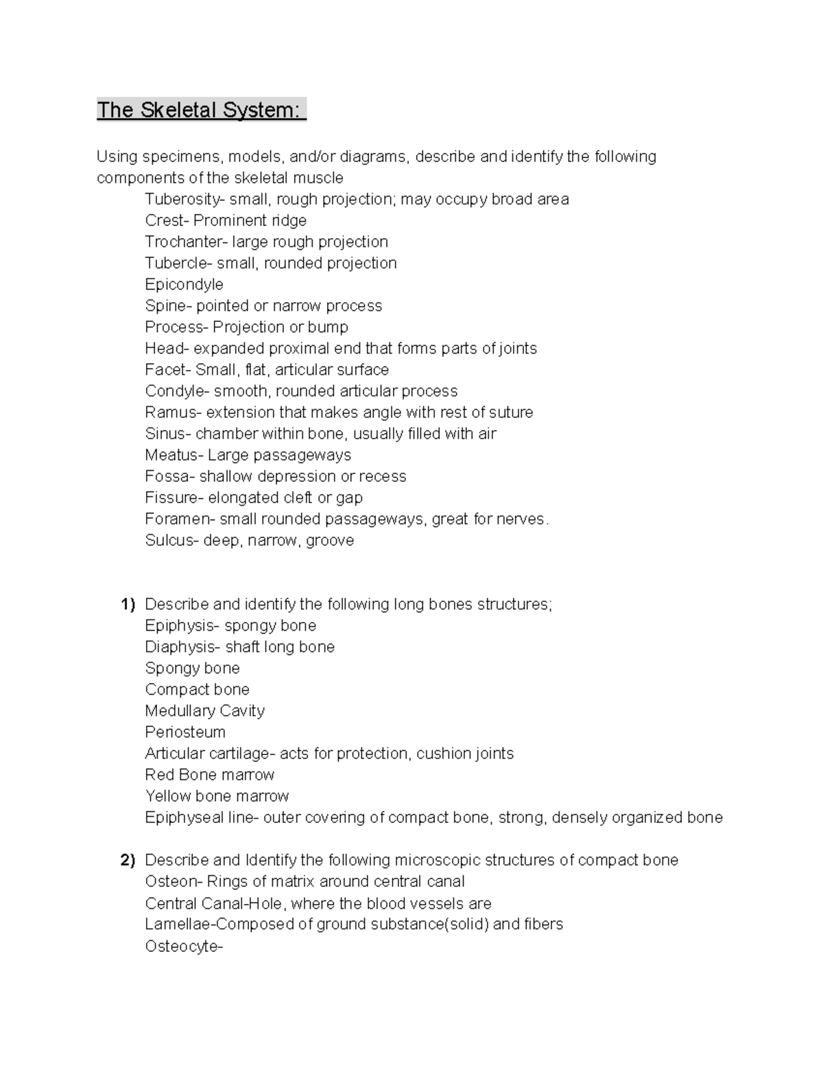 SPO's AP Lab - Skeletal System Study & Lab Notes - Studocu