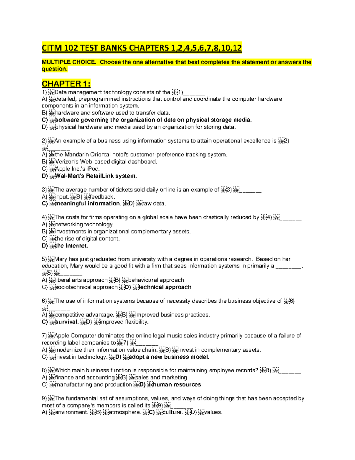 CITM 102 Test Bank: Q&A from Chapters 1, 2, 4 to 10 (2020) - Studocu