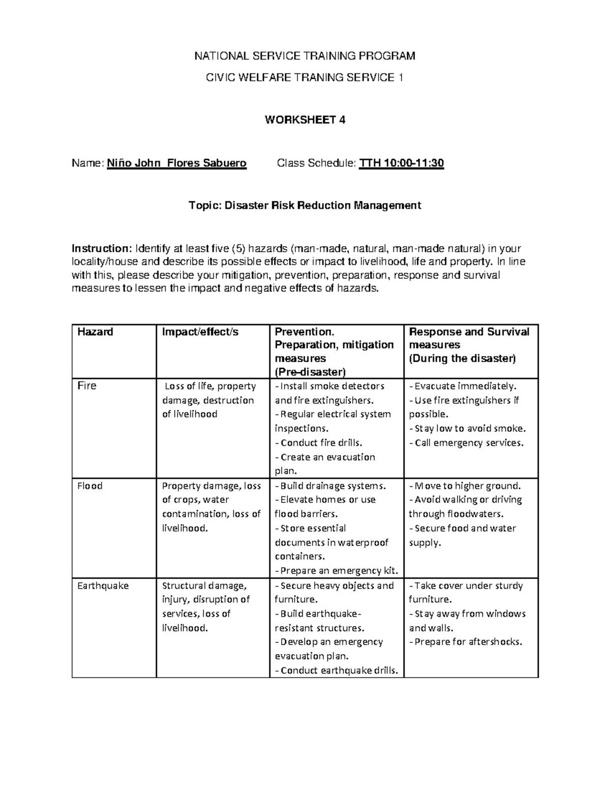 NSTP 1 Worksheet 4 - Disaster Risk Reduction Management Analysis - Studocu