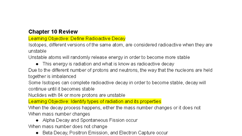 Chapter 10 Review - Radioactive Decay and Isotopes Overview - Studocu