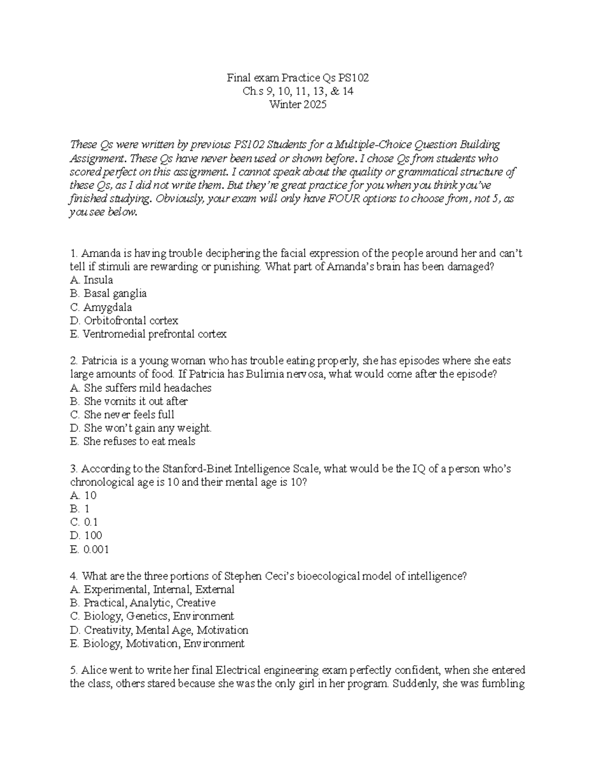 PS102 Final Exam Practice Questions for Chapters 9-14 Winter 2025 - Studocu