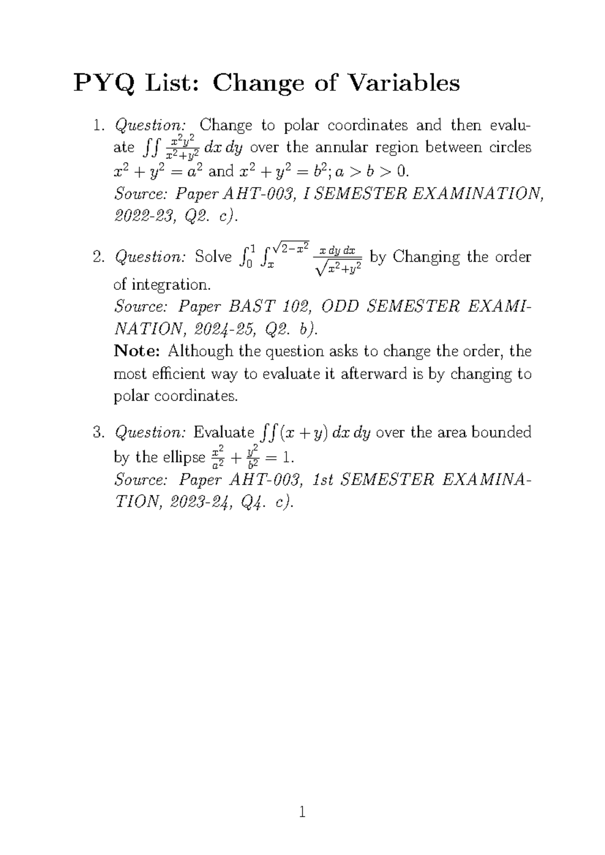 PYQ: Change of Variables in Polar Coordinates - Exam Questions - Studocu