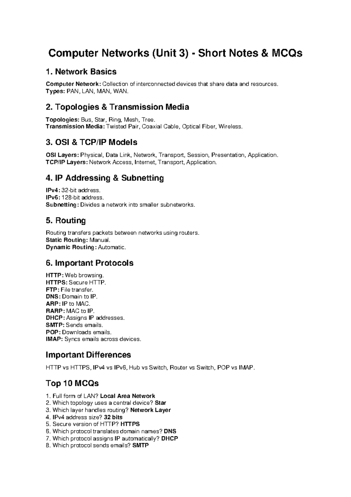 Computer Networks (Unit 3) Short Notes & MCQs Overview - Studocu