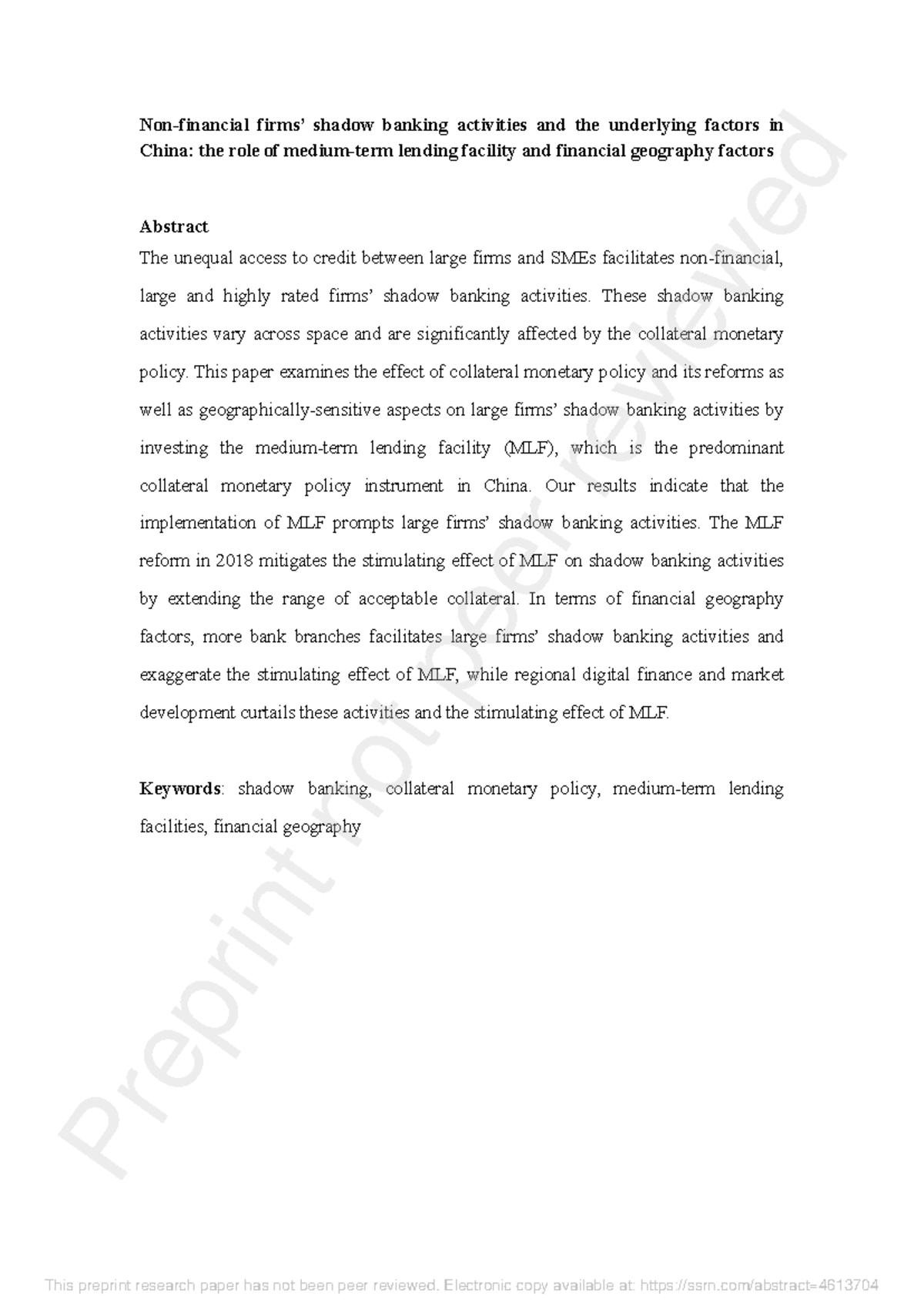 The Impact of MLF on Shadow Banking Activities in China: A Study on ...
