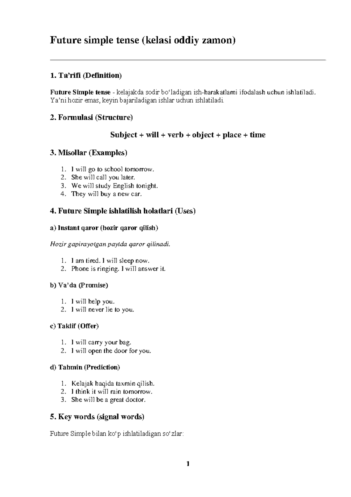 Future Simple Tense (Kelasi Oddiy Zamon) - Overview and Examples - Studocu