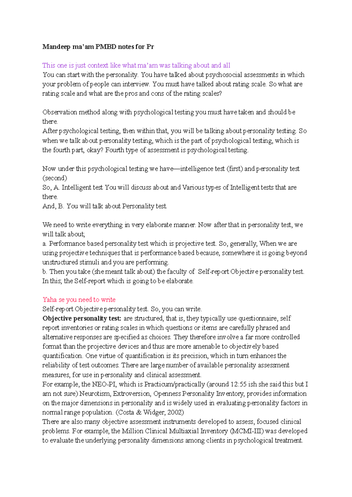 PMBD 101: Personality Testing & Psychosocial Assessments Notes - Studocu