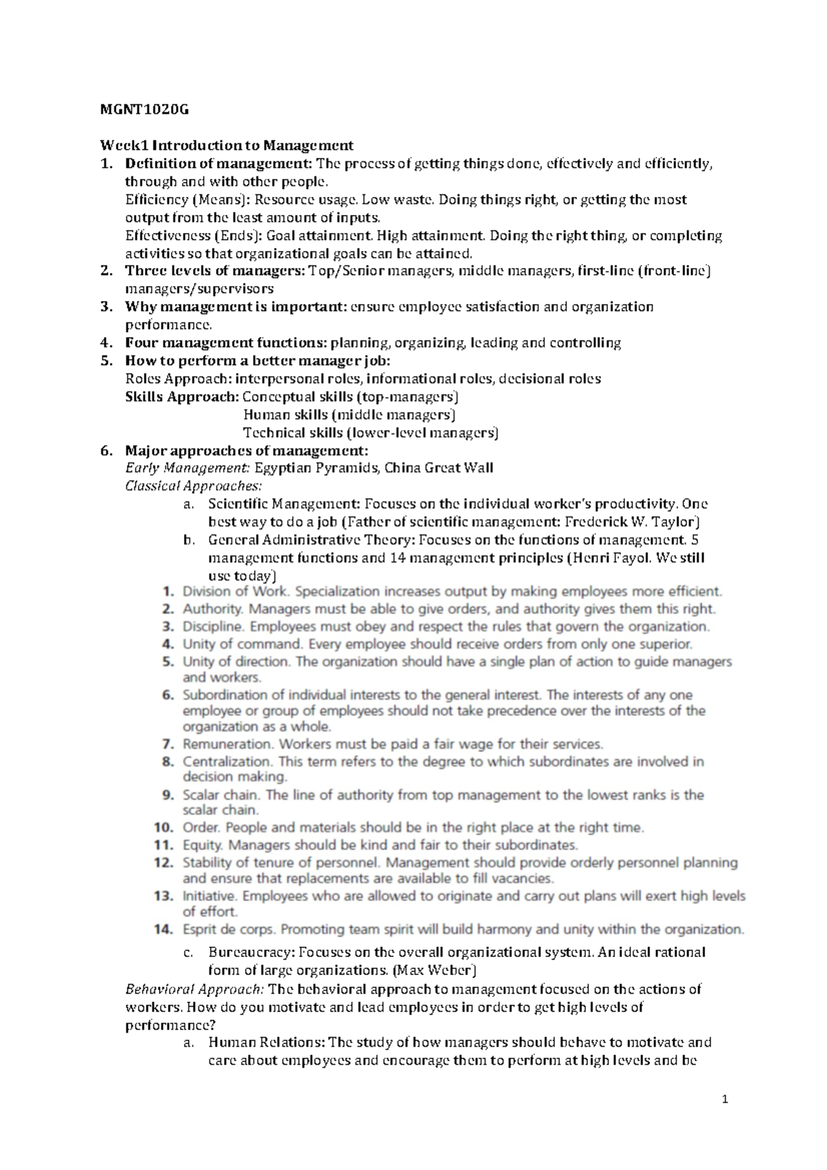 MGNT1020G Management Lecture Notes: Weeks 1 to 7 Overview - Studocu