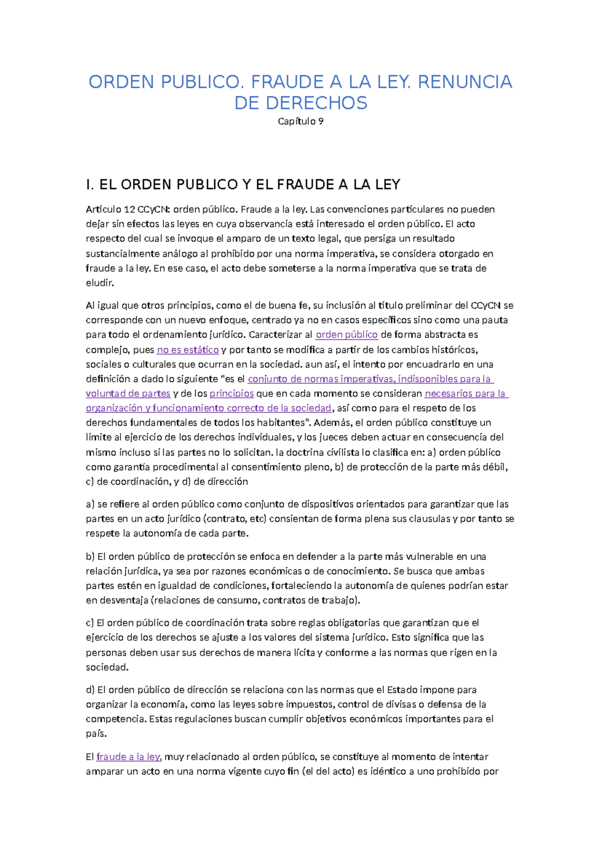 Orden Público y Fraude a la Ley: Análisis del Capítulo 9 CCyCN - Studocu