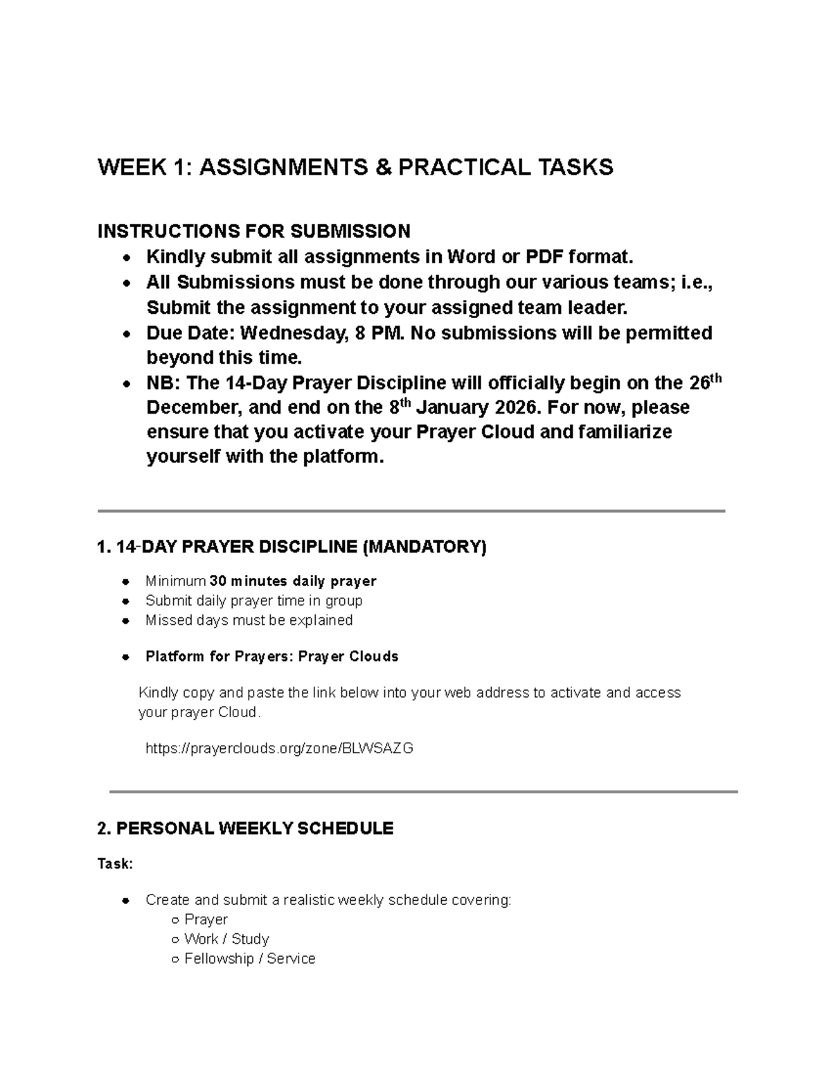 WEEK 1: ASSIGNMENT INSTRUCTIONS & PRAYER DISCIPLINE GUIDELINES - Studocu