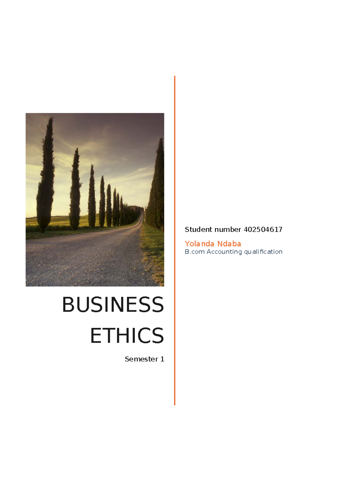 B.COM 1st Sem Business Ethics Assessment - Yolanda Ndaba - Studocu