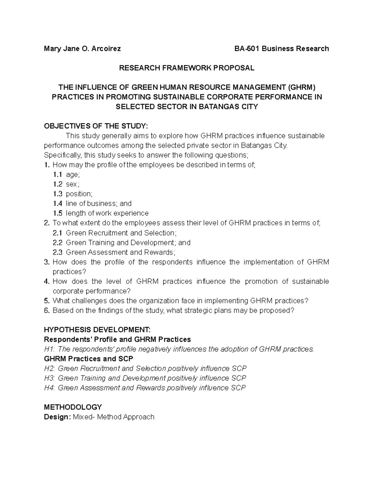 GHRM BA-501 Thesis: Examining Green HRM on Sustainable Performance ...